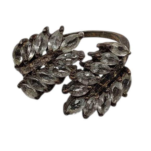 Jewelry - Elegant 925 Silver Leaf Ring Rhinestone Crystals Size 6 Boho Nature